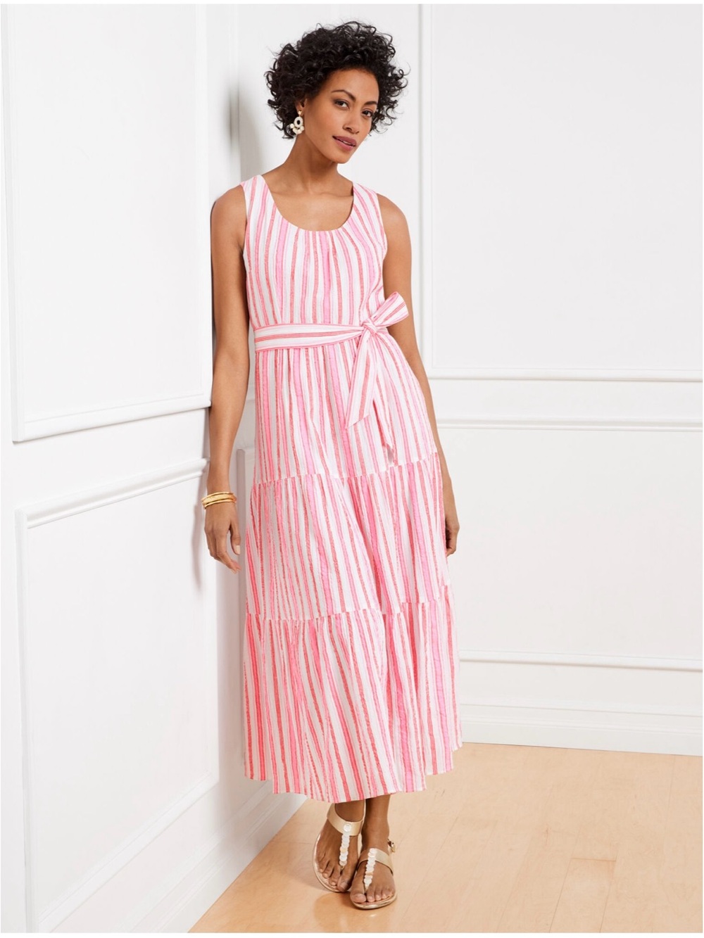 Talbots SOLD OUT Pink White Striped Cotton Maxi Dress Belted Tiered Sizet 12